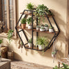3-tier geometric bookcase in rustic brown with plants, featuring S-shaped hooks for stylish living room decor.