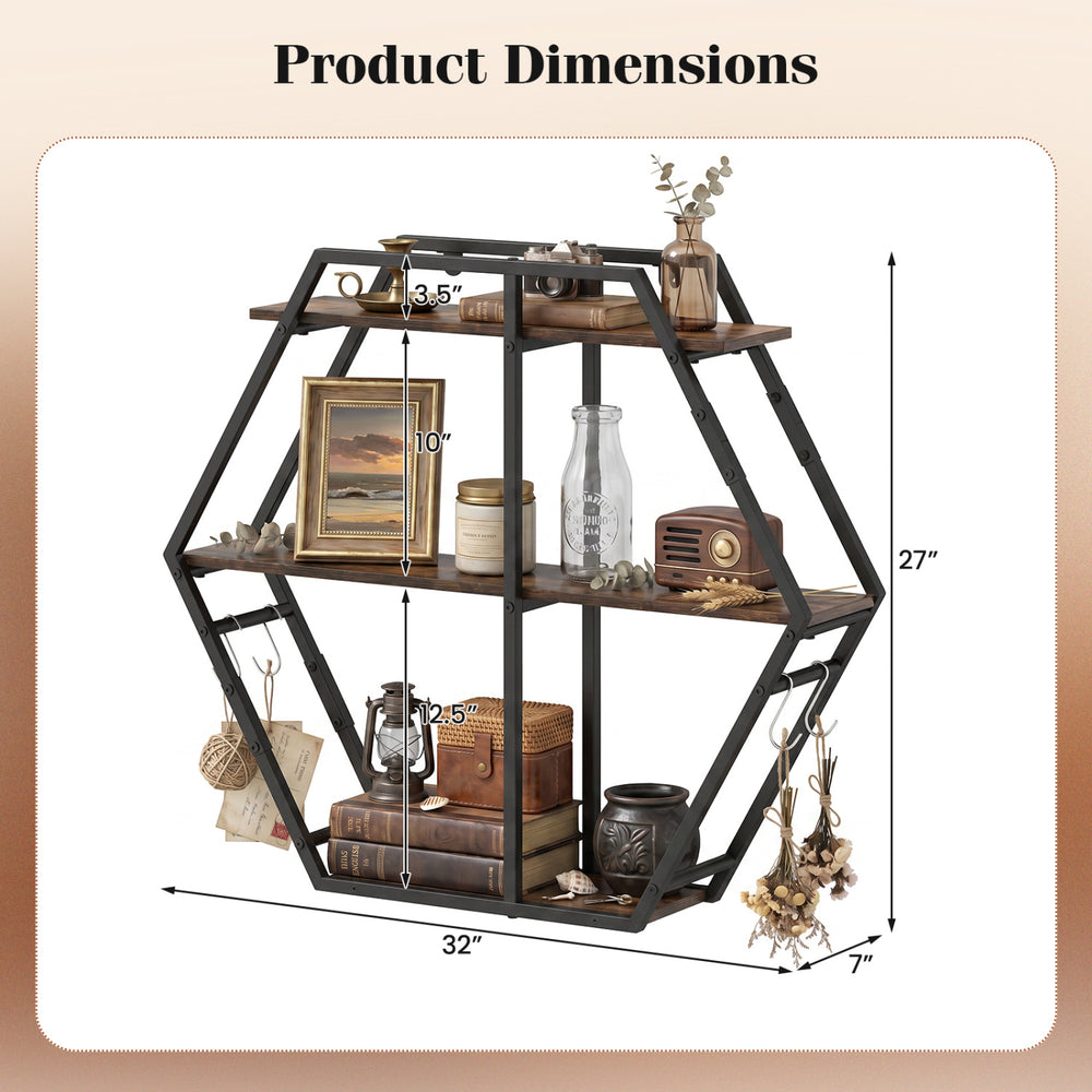 3-tier geometric bookcase in rustic brown with dimensions 32"x27"x7", featuring S-shaped hooks for stylish storage.