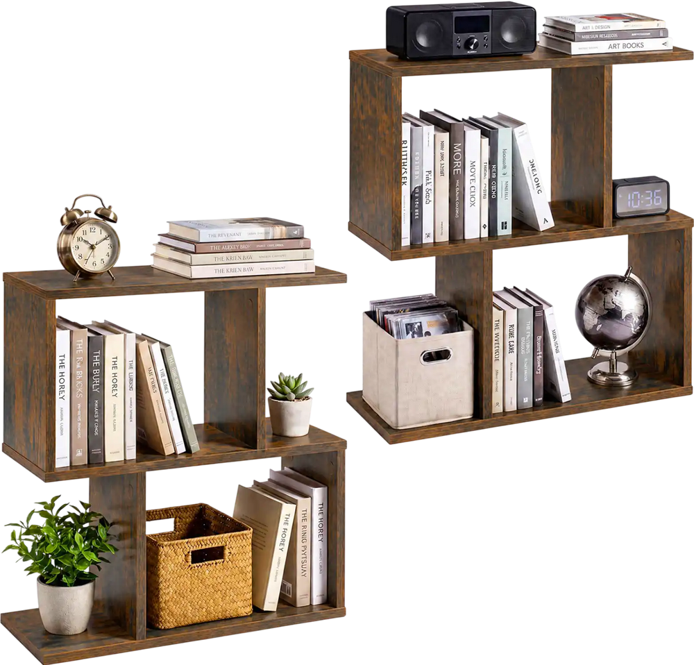 Geometric 3-tier bookshelf set in brown, featuring open design for books and decor, perfect for narrow spaces.
