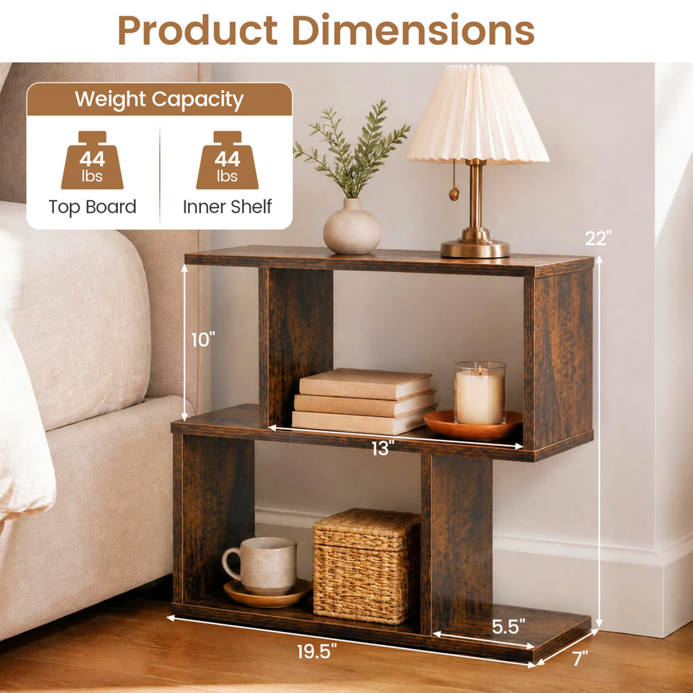 3-tier geometric bookshelf in brown, featuring an open-ended design and compact footprint for versatile display and storage.
