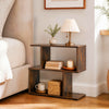 Compact 3-tier geometric bookshelf in brown, perfect as a side table or display shelf for books and decor.