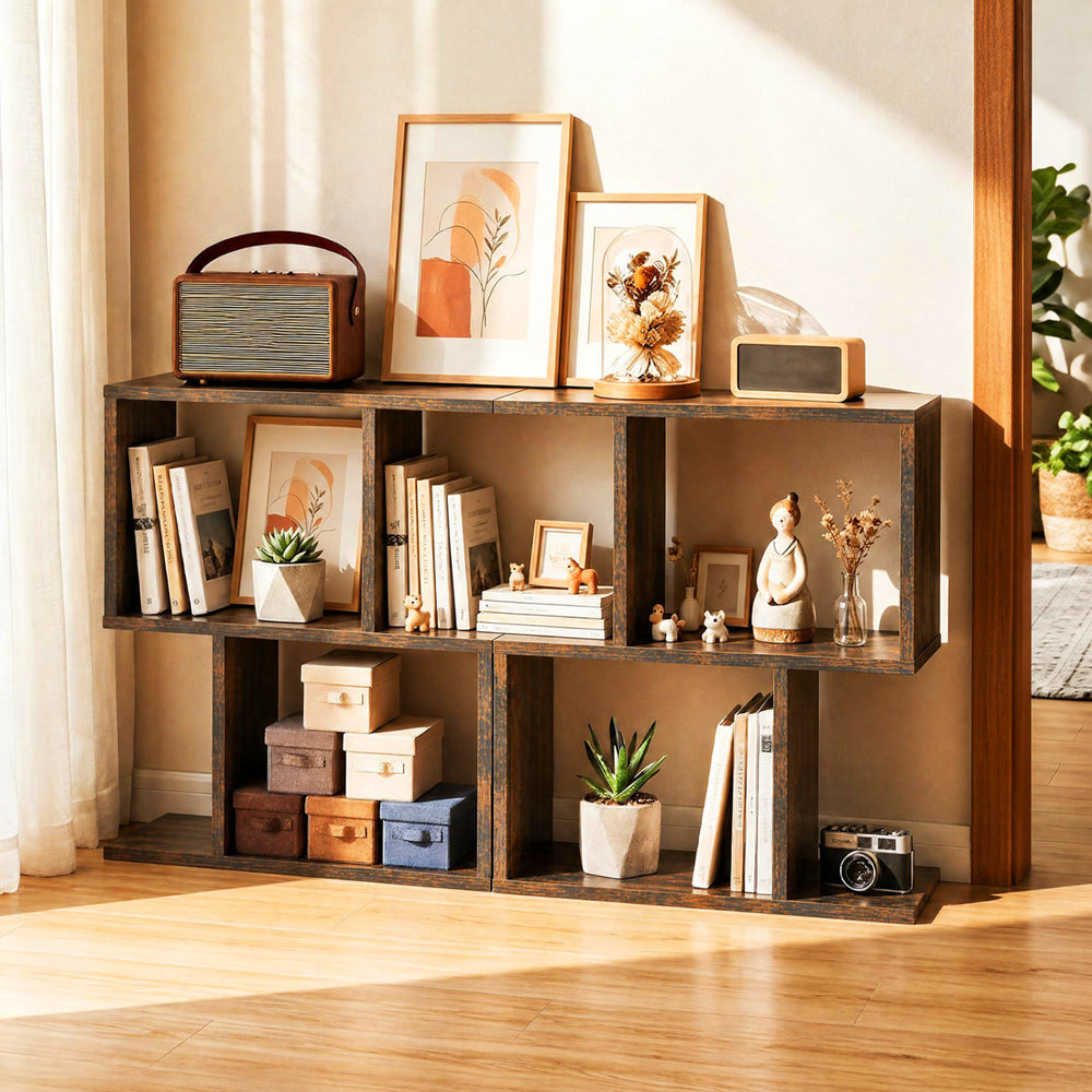 Freestanding 3-tier geometric bookshelf in brown, perfect for displaying books and decor in narrow spaces.