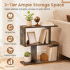 3-tier geometric bookshelf in brown, featuring an open design for books and plants, perfect for narrow spaces or side tables.