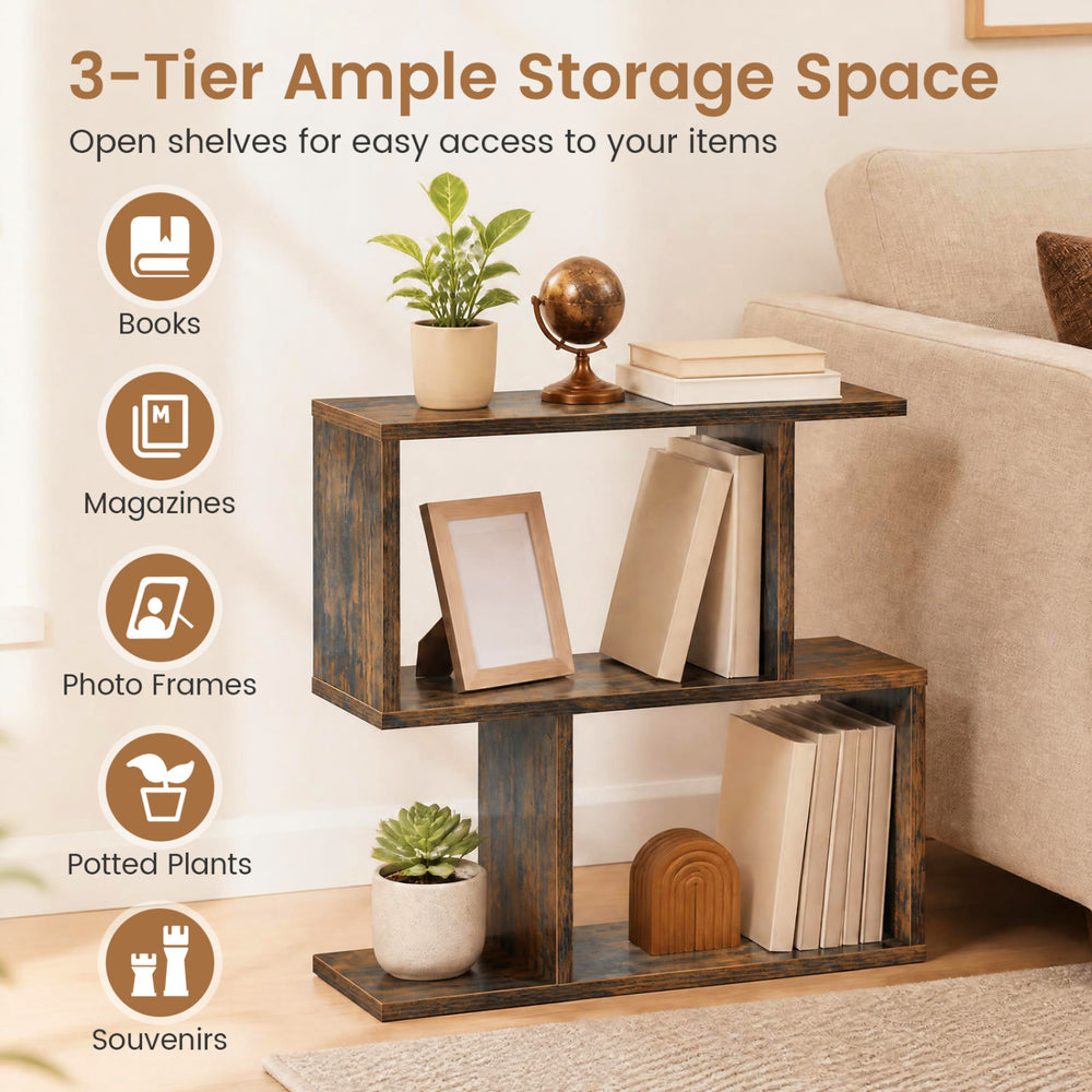 3-tier geometric bookshelf in brown, featuring an open design for books and plants, perfect for narrow spaces or side tables.