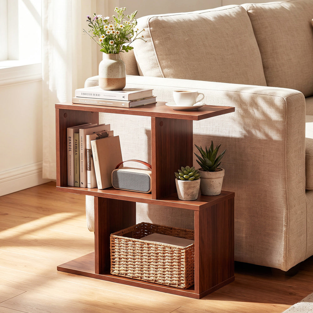 3-Tier Geometric Bookshelf Freestanding Display Shelf Side Table Set of 2-Walnut - Gallery View 1 of 11