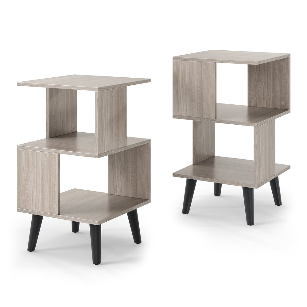 3-tier geometric bookshelf set of 2 with open storage shelves, ideal for compact spaces in modern living rooms or.