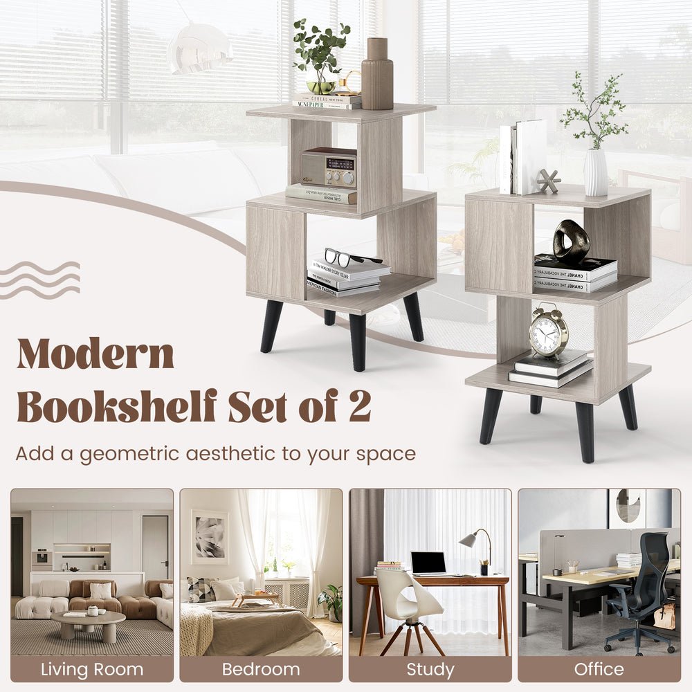 3-tier geometric bookshelf set of 2 in light wood, perfect for organizing books and decor in modern living spaces.