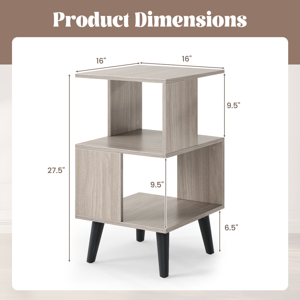 3-tier geometric bookshelf showcasing dimensions, crafted from sturdy boards, ideal for organizing books and decor.
