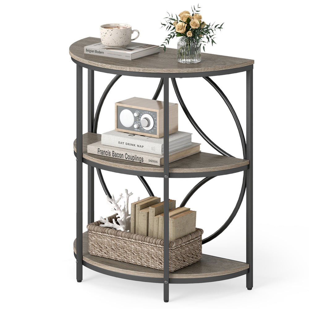 3-tier half round end table with gray wood-like surface and sturdy metal frame, ideal for living room storage and decor.