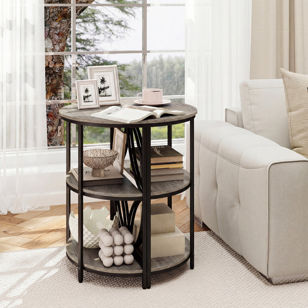 3-tier half round end table in gray with metal frame, perfect for living room storage and stylish decor.