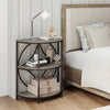 3-tier half round end table with gray wood-like surface and metal frame, perfect for living room or bedroom use.