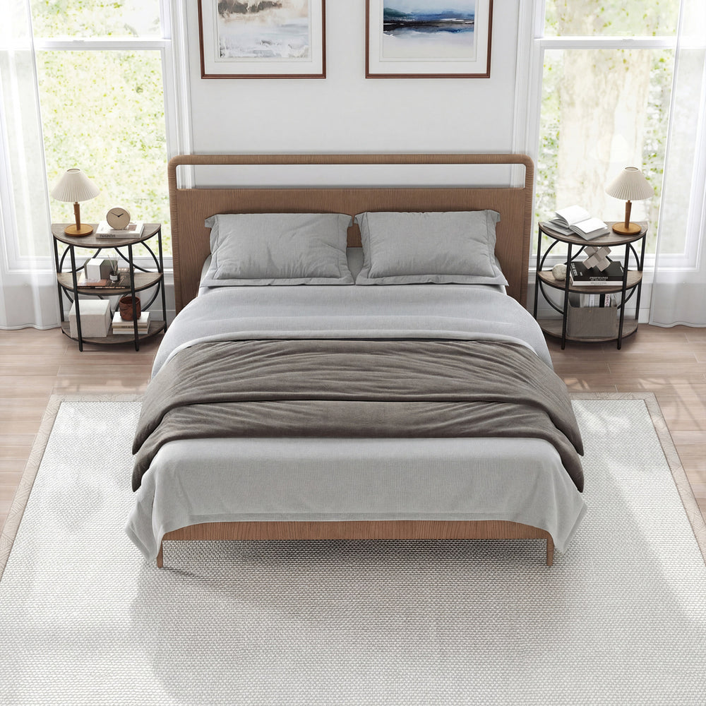 Gray 3-tier half round end table with metal frame, perfect as a nightstand or accent table for versatile living spaces.