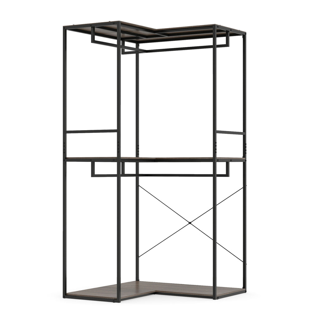 3-tier heavy duty clothes rack featuring 3 shelves and 2 hanging racks, ideal for organizing clothing and accessories.