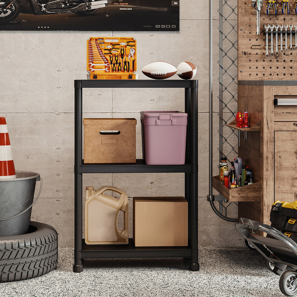 3-tier heavy-duty plastic storage shelves in black, ideal for garage organization with waterproof and anti-slip.