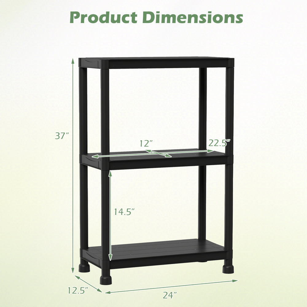 3-tier heavy-duty plastic storage shelves with 14.5" clearance, ideal for garage or pantry organization.