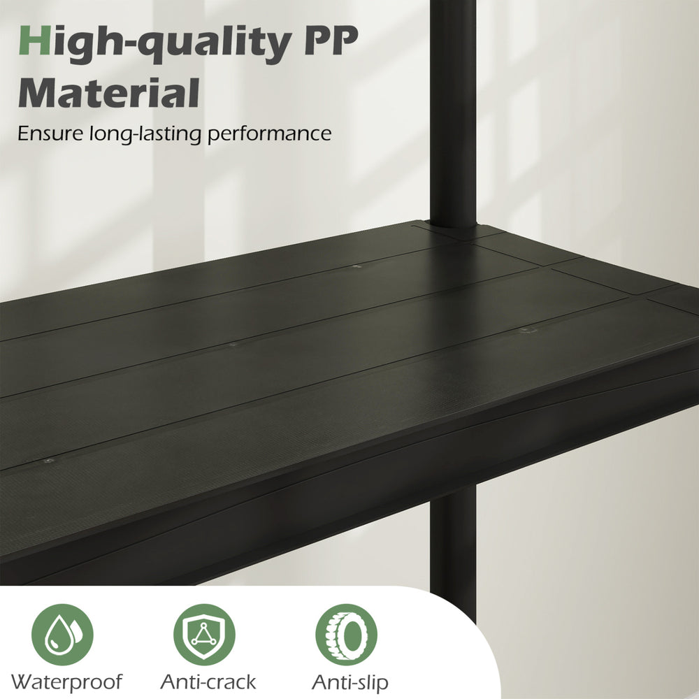 Close-up of a 3-tier heavy-duty plastic storage shelf made of waterproof PP material, featuring an anti-slip surface.