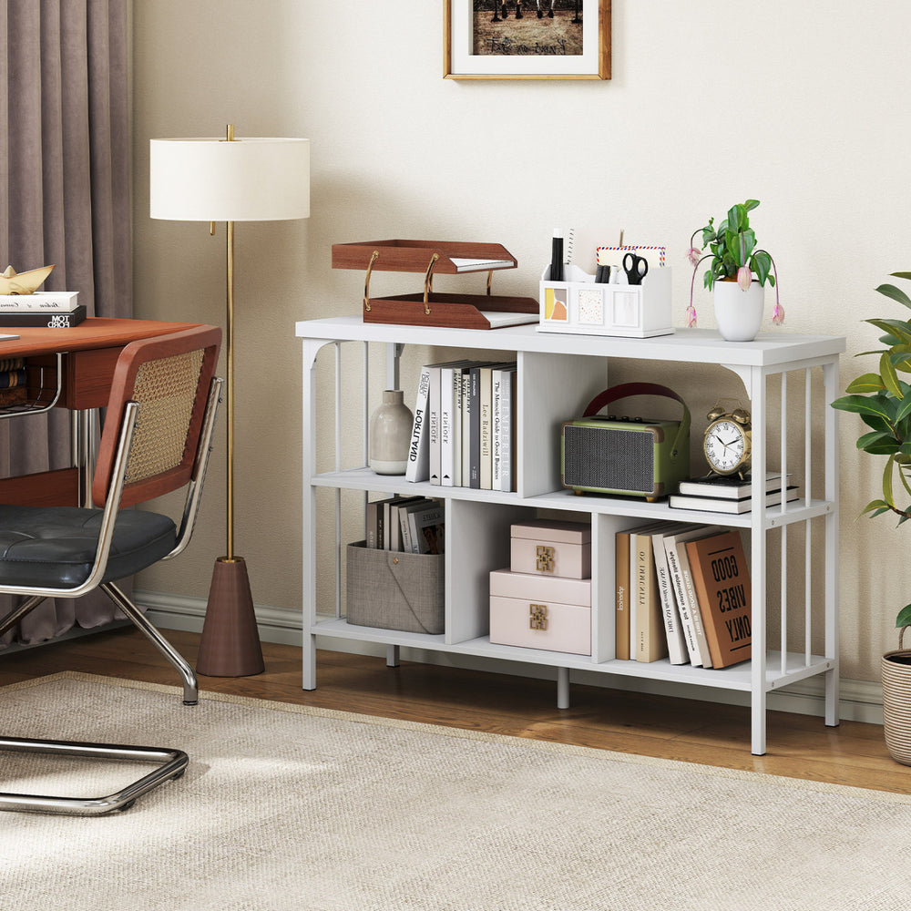 3-tier horizontal cubby bookshelf in white with open shelves, ideal for books and decorations in living room or office.