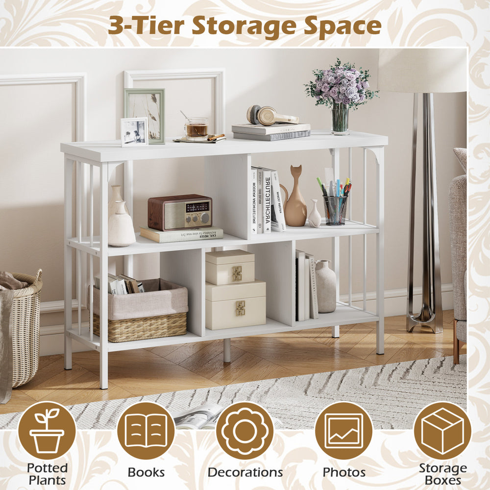 3-tier horizontal cubby bookshelf in white with open shelves for books, decorations, and potted plants, ideal for any room.