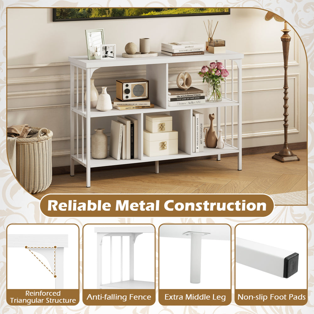 3-tier horizontal cubby bookshelf in white features a heavy-duty metal frame and anti-falling fence for secure storage.