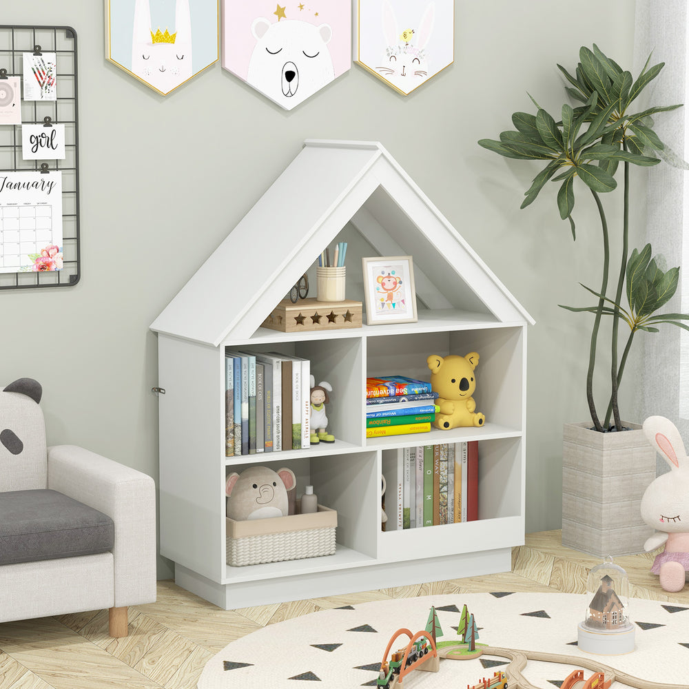 House-shaped toy storage organizer in white, showcasing a stable base and anti-falling baffle for added safety.