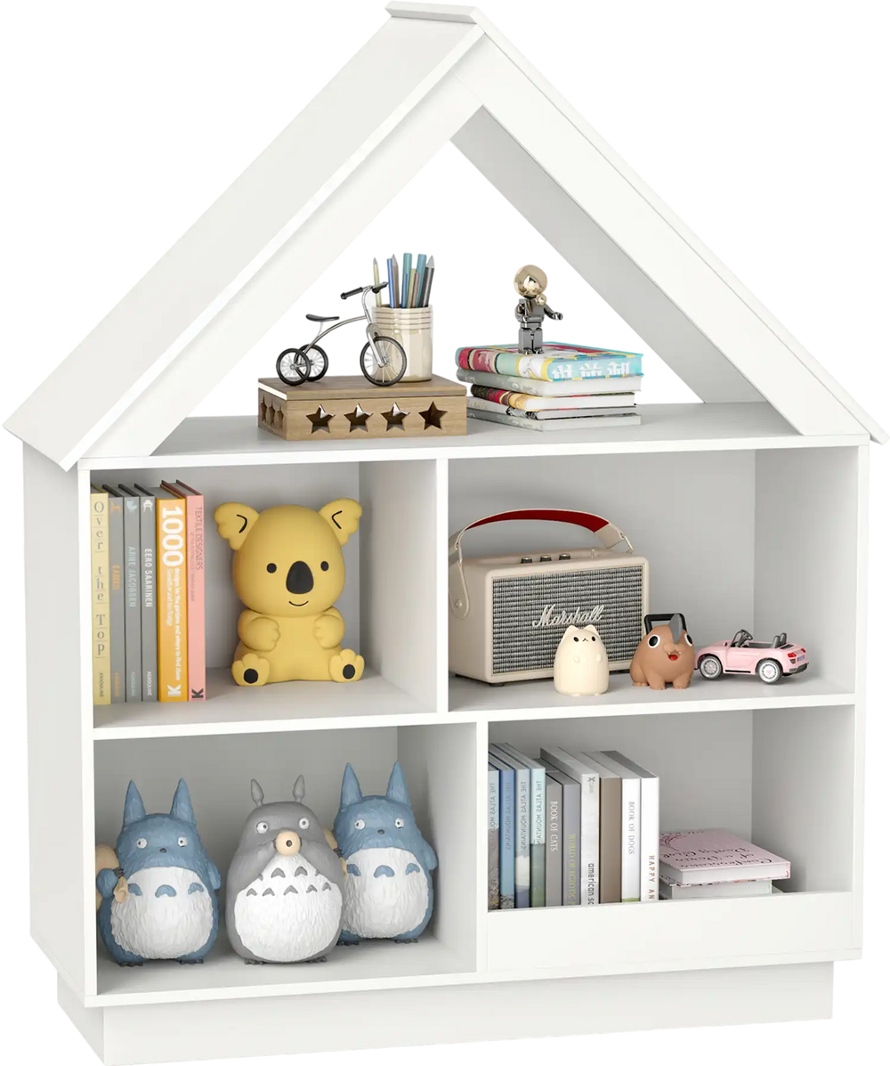 House-shaped toy storage organizer in white with 3 tiers and 5 compartments for kids' toys and books.