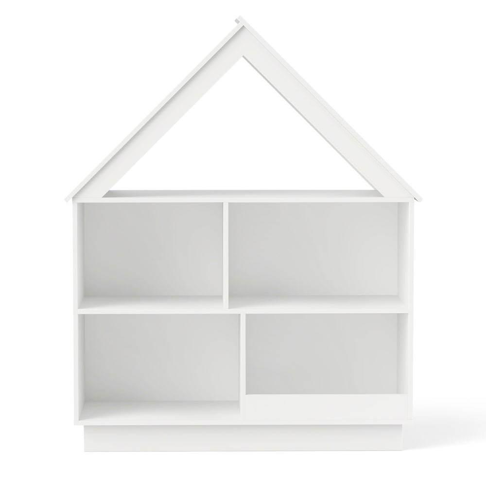House-shaped toy storage organizer in white with 3 tiers and 5 compartments for easy access and organization.