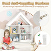 3-tier house-shaped toy storage organizer in white with open shelves, featuring anti-toppling devices for safety.