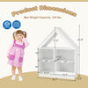 3-tier house-shaped toy storage organizer in white, featuring open shelves and dimensions for easy access and stability.