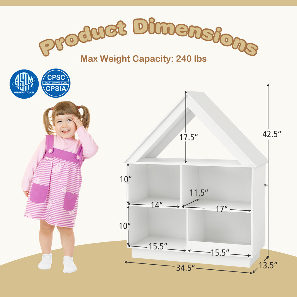 3-tier house-shaped toy storage organizer in white, featuring open shelves and dimensions for easy access and stability.