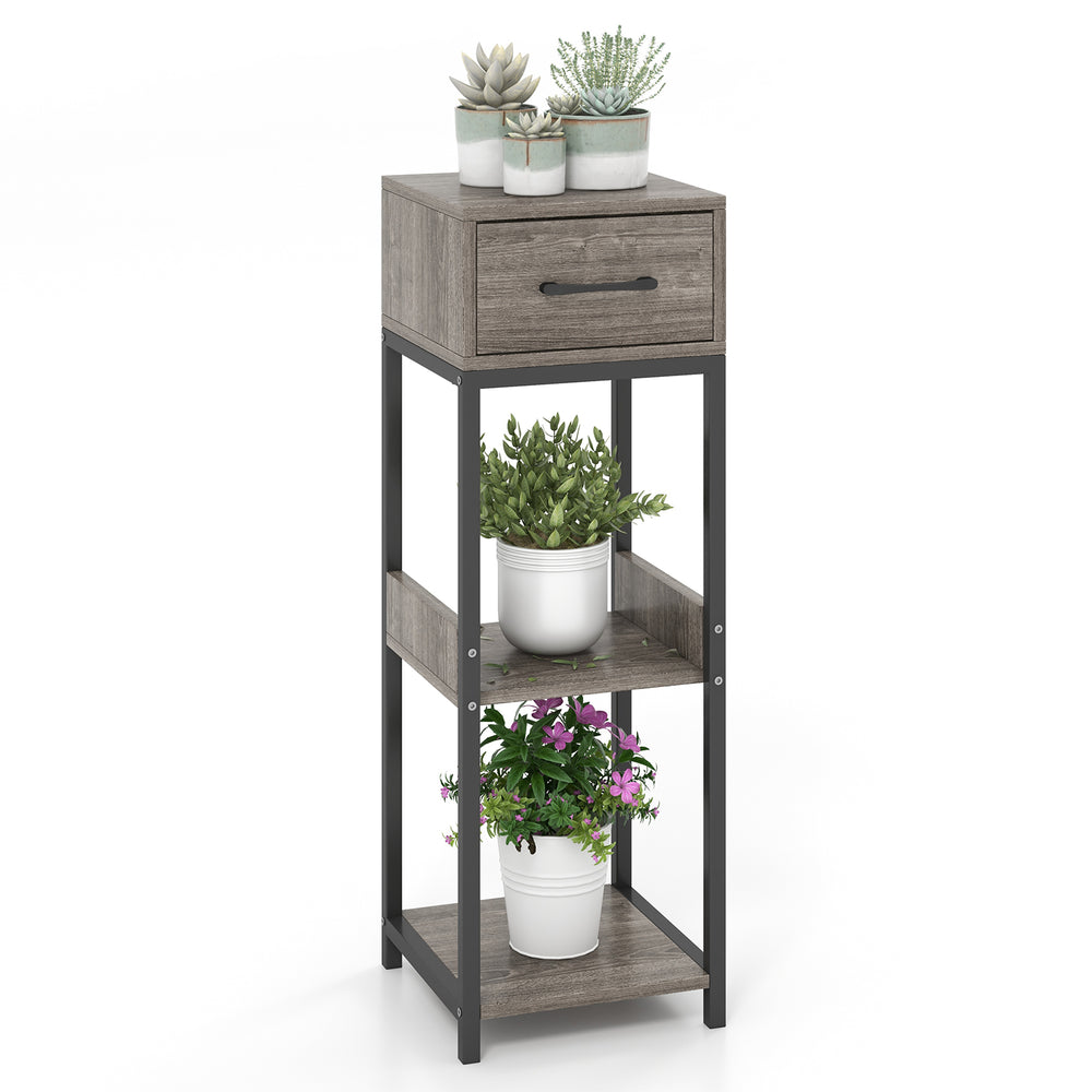 3-tier tall plant stand in gray with drawer and anti-tipping devices, perfect for organizing plants in any space.