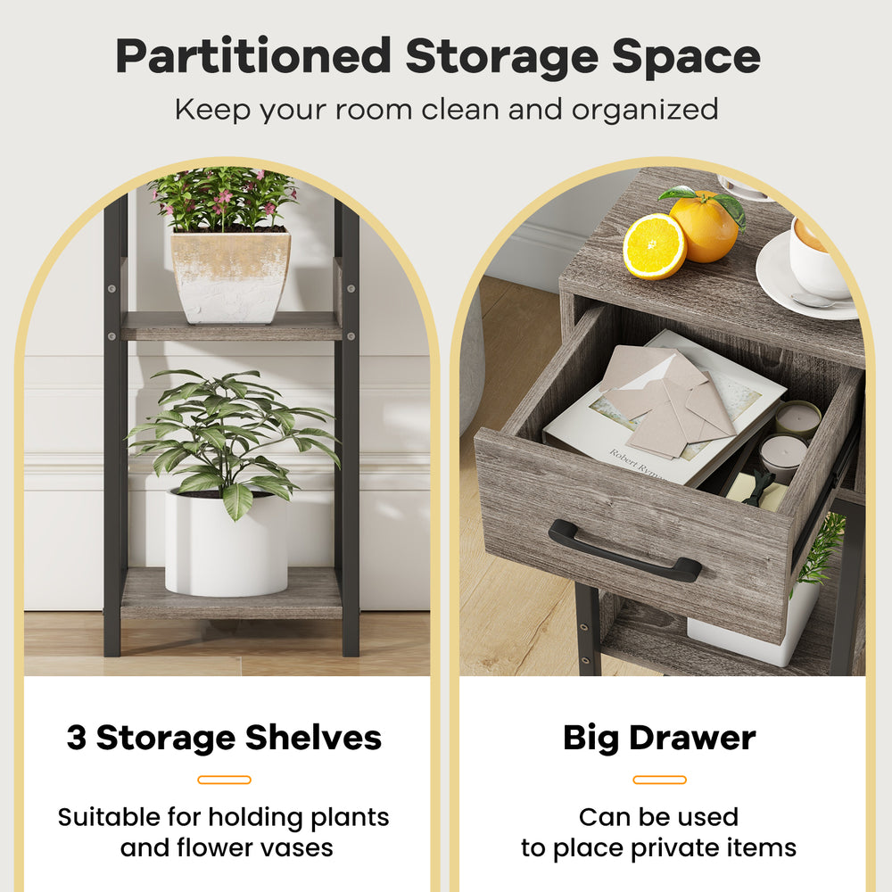 3-tier tall plant stand in gray with 3 open shelves and a big drawer, ideal for organizing plants and small items.