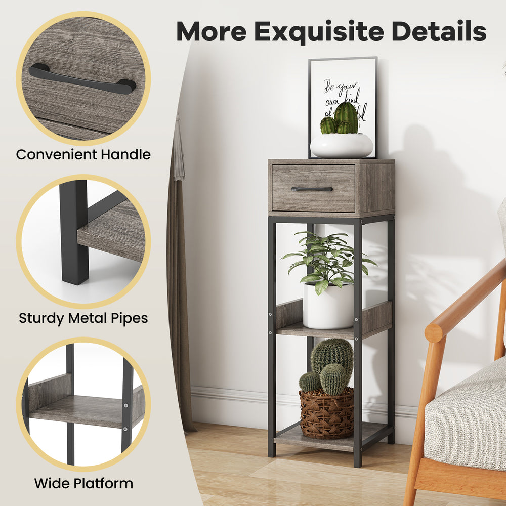 3-tier tall plant stand with drawer in gray, featuring sturdy metal pipes and open shelves for organized plant display.