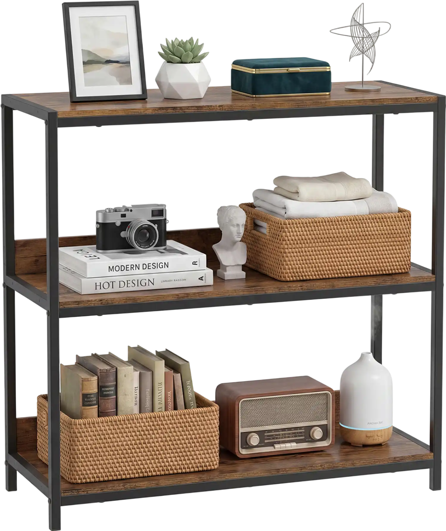 Costway 3-Tier Industrial Bookshelf Wooden Shelves Metal Frame 32608381 New