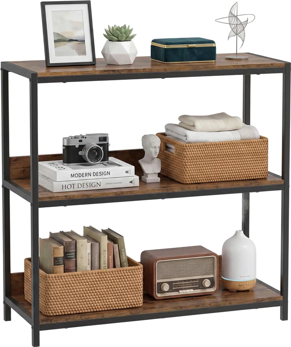 3-tier industrial bookshelf with rustic brown wooden shelves and metal frame, ideal for stylish storage and display.