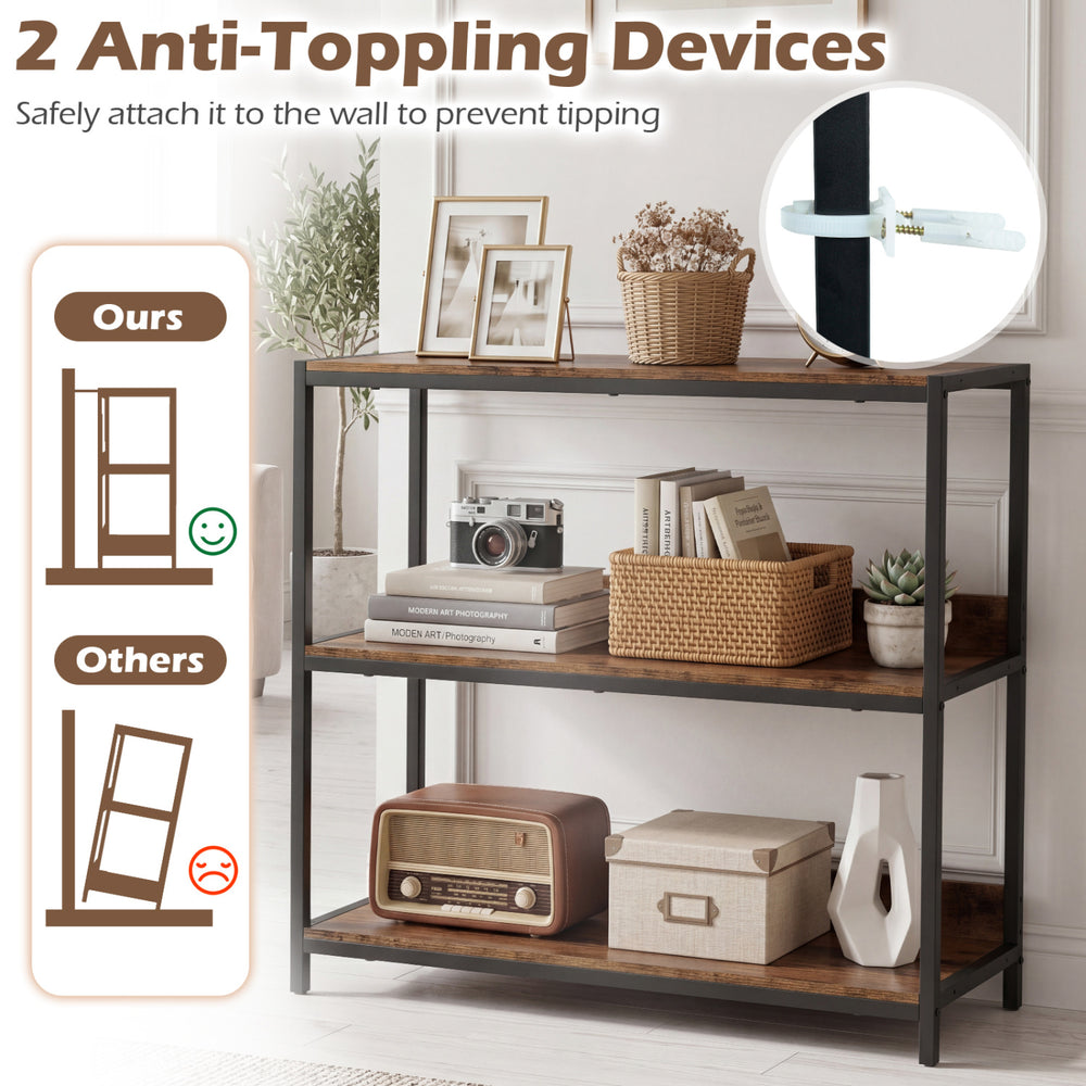 3-tier industrial bookshelf in rustic brown with wooden shelves and metal frame, featuring anti-tipping devices for.