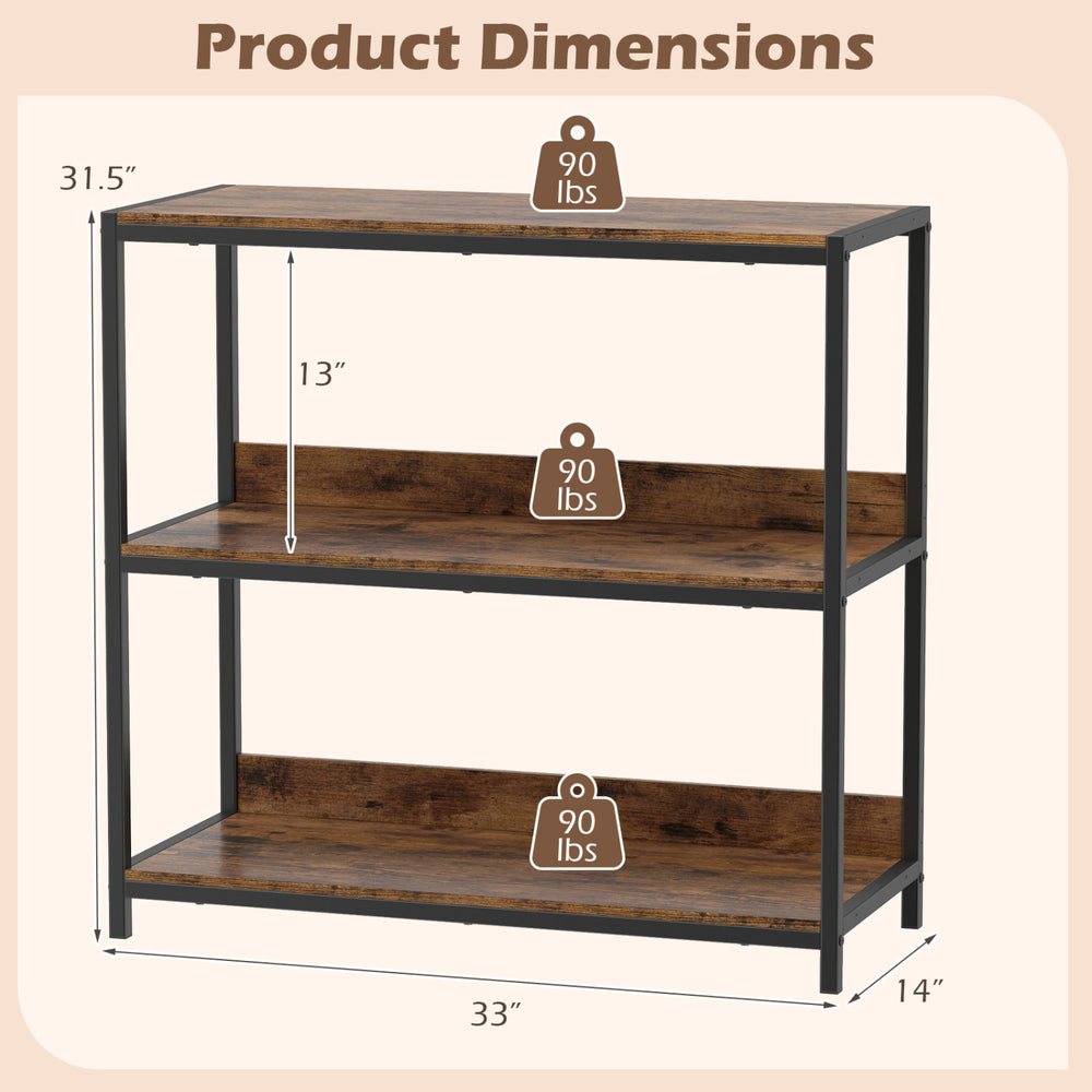 3-tier industrial bookshelf with rustic brown wooden shelves and metal frame, showcasing dimensions and weight capacity.