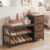 3-tier industrial shoe bench in rustic brown with 3 removable fabric drawers and space for 6-8 pairs of shoes.
