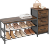 3-tier industrial shoe bench in rustic brown with 3 drawers and space for 6-8 pairs of shoes, ideal for entryways.