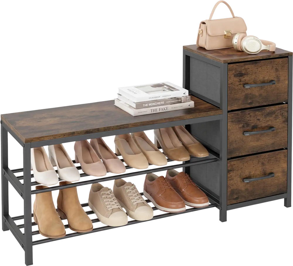 3-tier industrial shoe bench in rustic brown with 3 drawers and space for 6-8 pairs of shoes, ideal for entryways.
