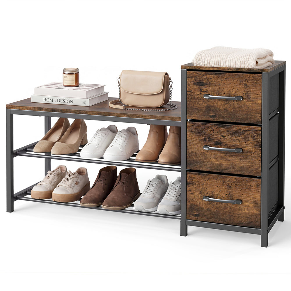 3-tier industrial shoe bench in rustic brown with 3 fabric drawers, ideal for hallway storage and shoe organization.