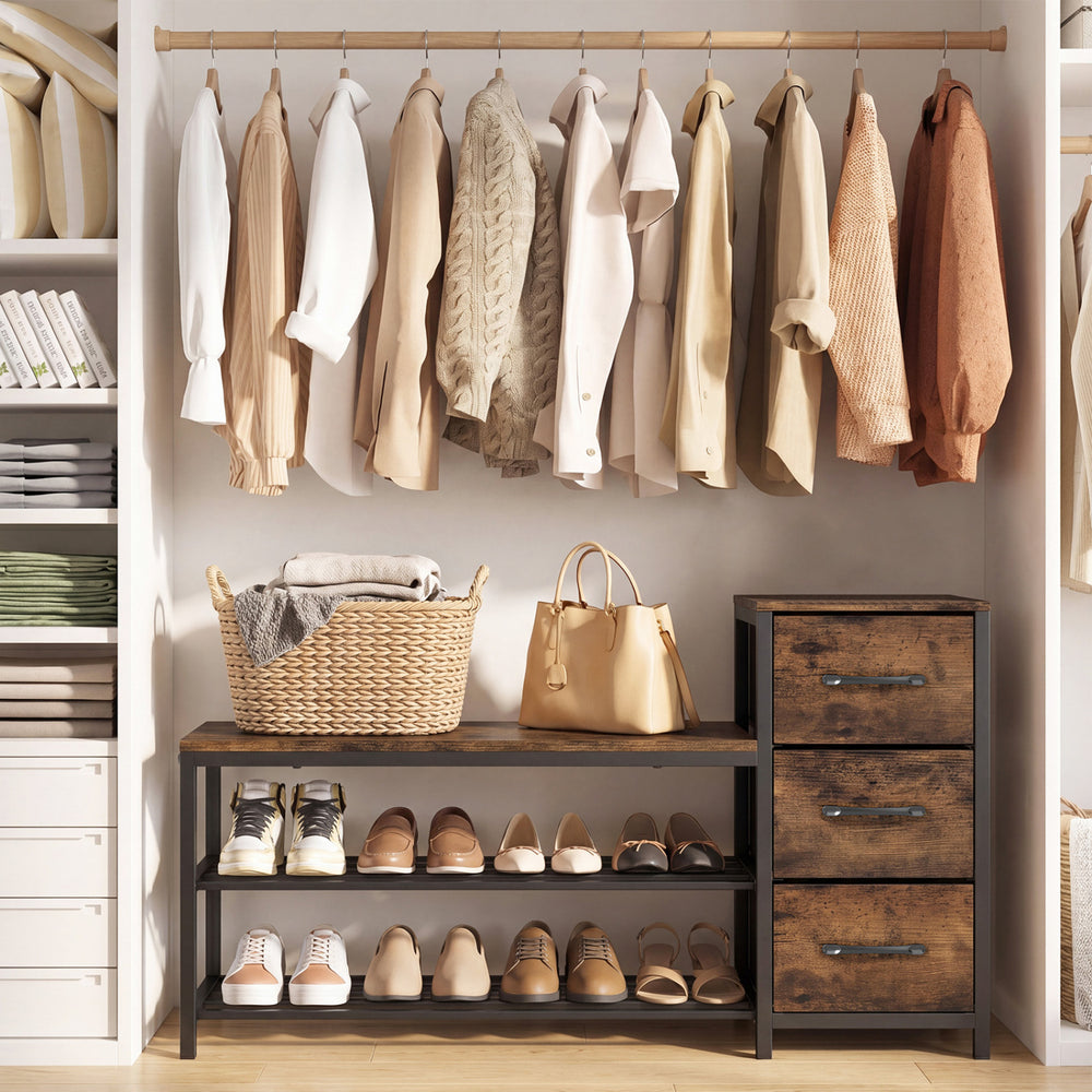 3-tier industrial shoe bench in rustic brown with 3 removable fabric drawers, perfect for entryways and hallways.