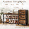 3-Tier industrial shoe bench in rustic brown with 2-tier shoe rack and 3 removable fabric drawers for entryway storage.