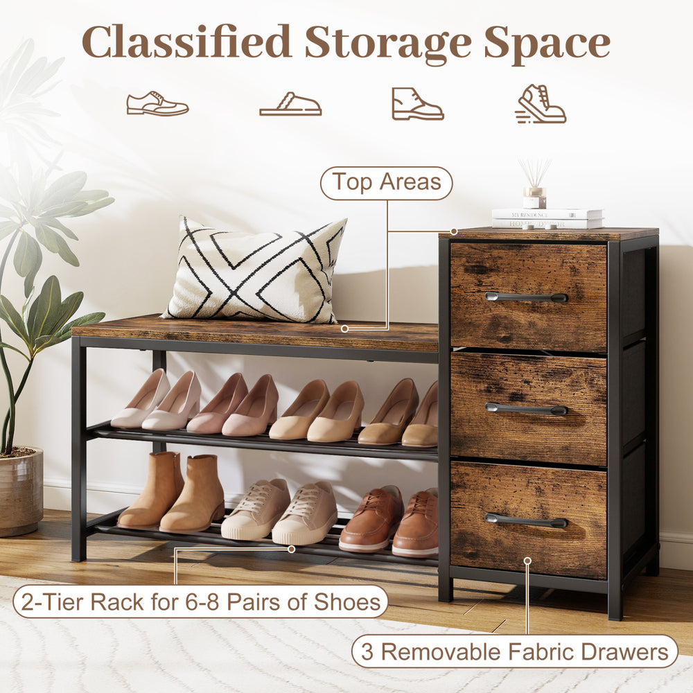 3-Tier industrial shoe bench in rustic brown with 2-tier shoe rack and 3 removable fabric drawers for entryway storage.