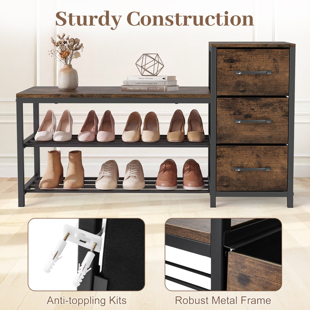 3-tier industrial shoe bench in rustic brown with 3 removable drawers and sturdy metal frame, ideal for entryways.
