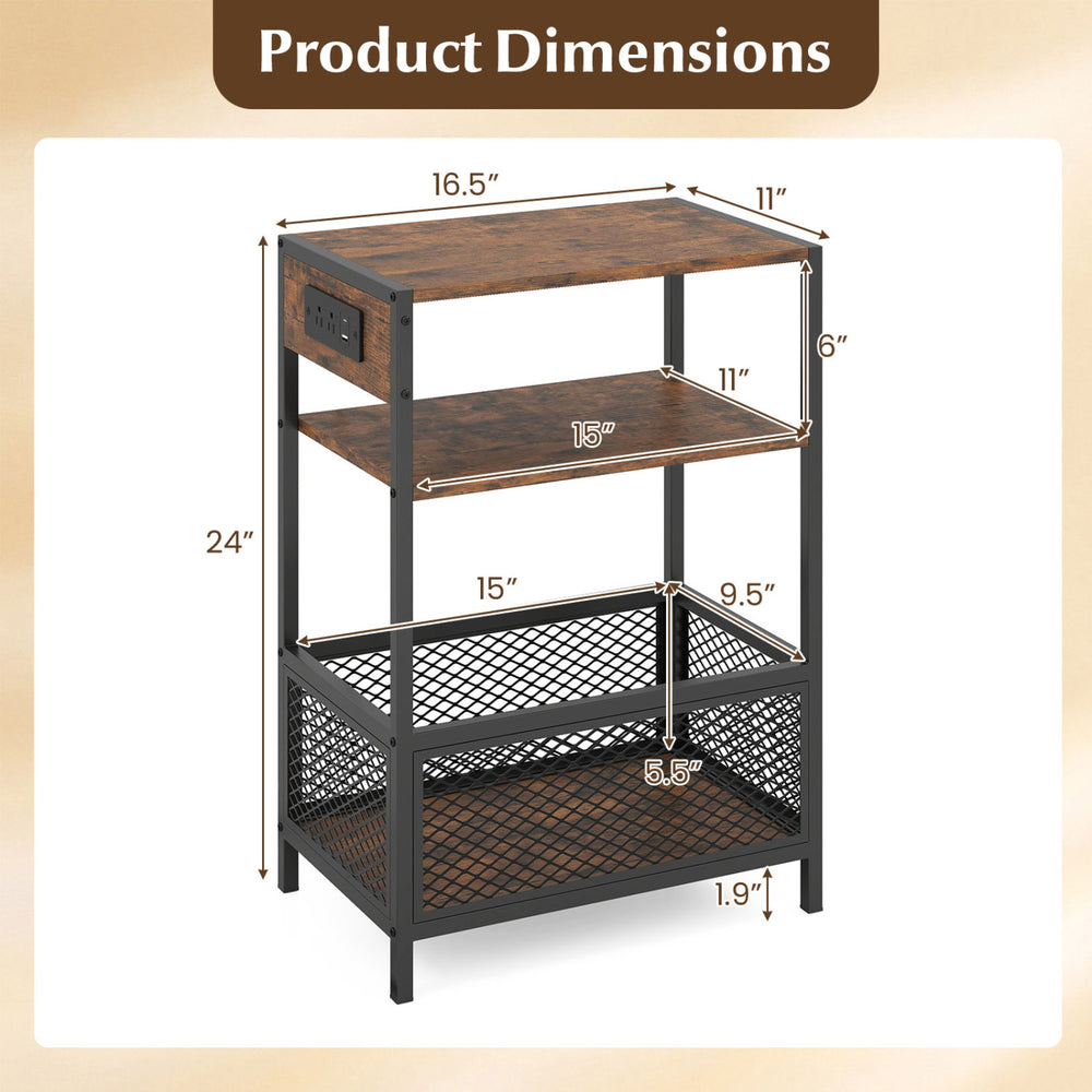 Dimensions of the rustic brown 3-tier industrial side table with ample storage and charging ports for versatile use.