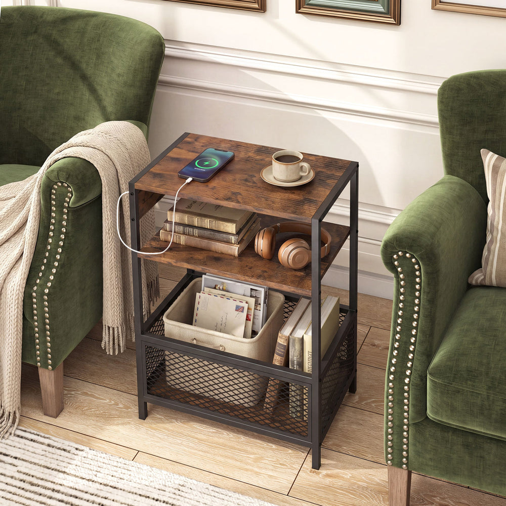 Rustic brown 3-tier industrial side table with 2 AC outlets and USB ports for convenient charging in any room.