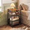 3-tier industrial side table in rustic brown with 2 AC outlets and USB ports, perfect for bedside or living room use.