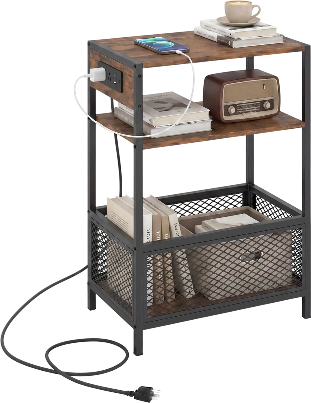 Rustic brown 3-tier industrial side table featuring a large tabletop and anti-toppling devices for added stability and safety.