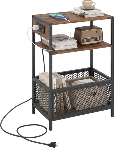 Costway Industrial 3-Tier Side Table w/ 2 AC Outlets & 1 Type-C Port 65258755 New