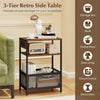 3-tier industrial side table in rustic brown with 2 AC outlets and USB ports, perfect for living room storage and decor.